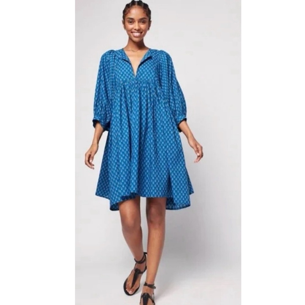 Faherty Lyla Organic Cotton Floral Dress‎ in Blue Size Small